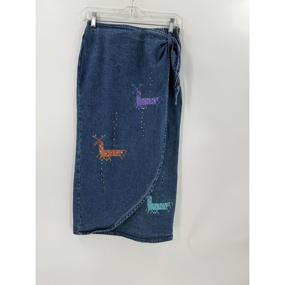 VINTAGE Denim Wrap Skirt Hand Painted by Nina Renee Constellations Stylized Deer - Picture 7 of 11